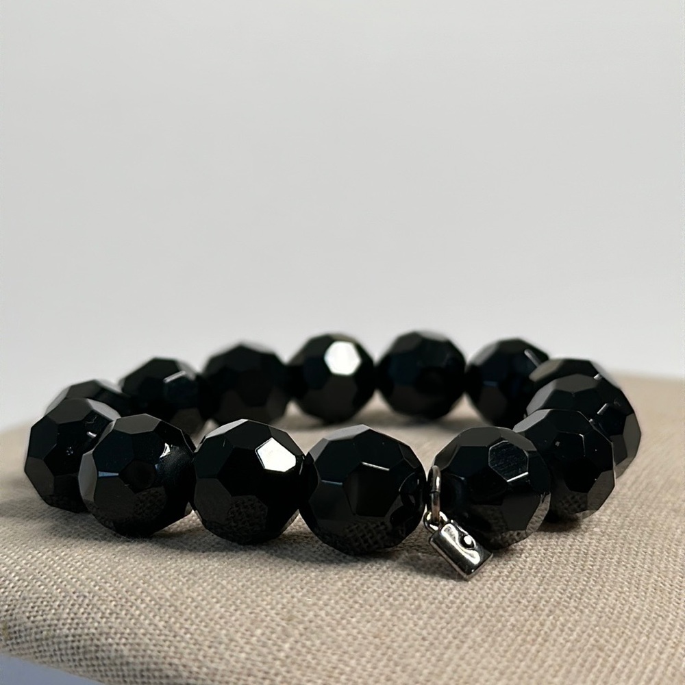 Crystal Black Stone Stretch Bracelet with Charm